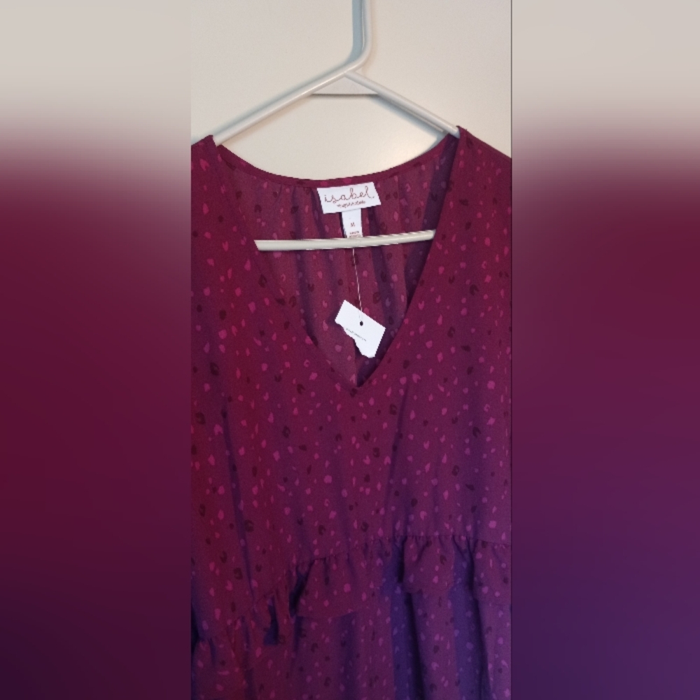 Ingrid & Isabel Maternity Top Blouse Size M Berry Ruffle Trim 3/4 Sleeve V-Neck - Picture 5 of 11